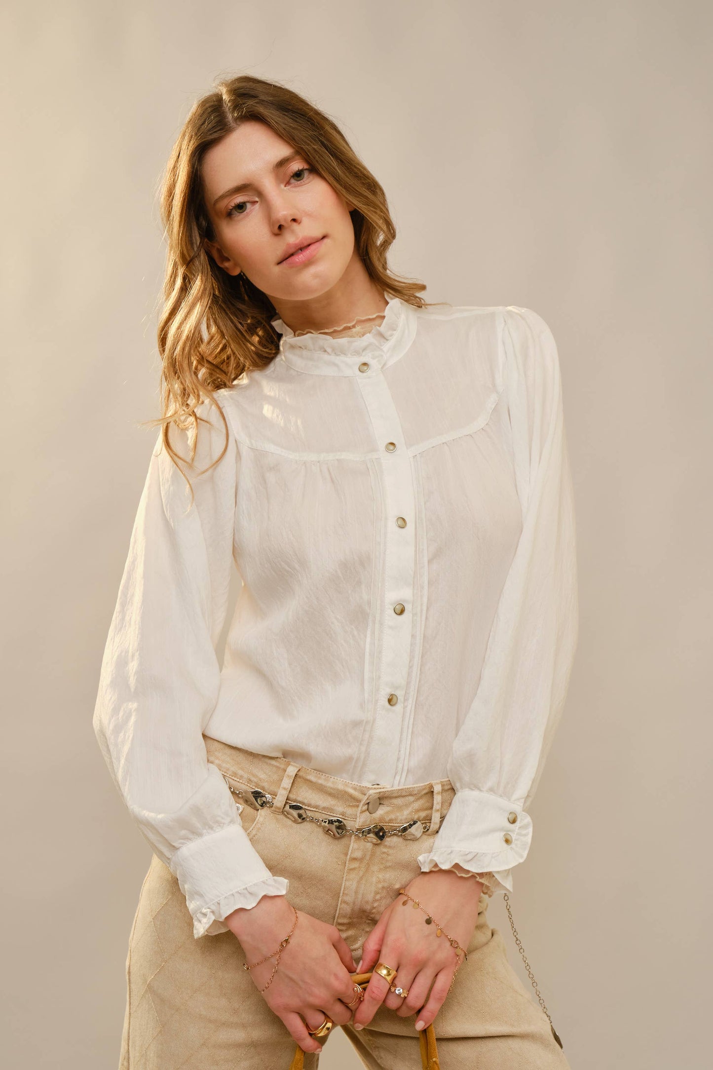 Ruffle Neck Denim Snap Button Shirt