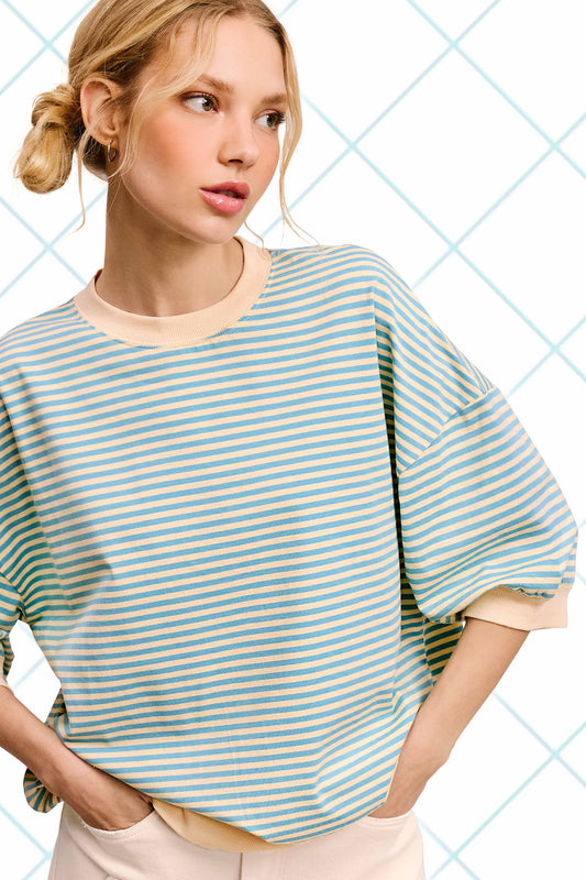 Loose Fit Striped Short Sleeve Crew Neckline Top