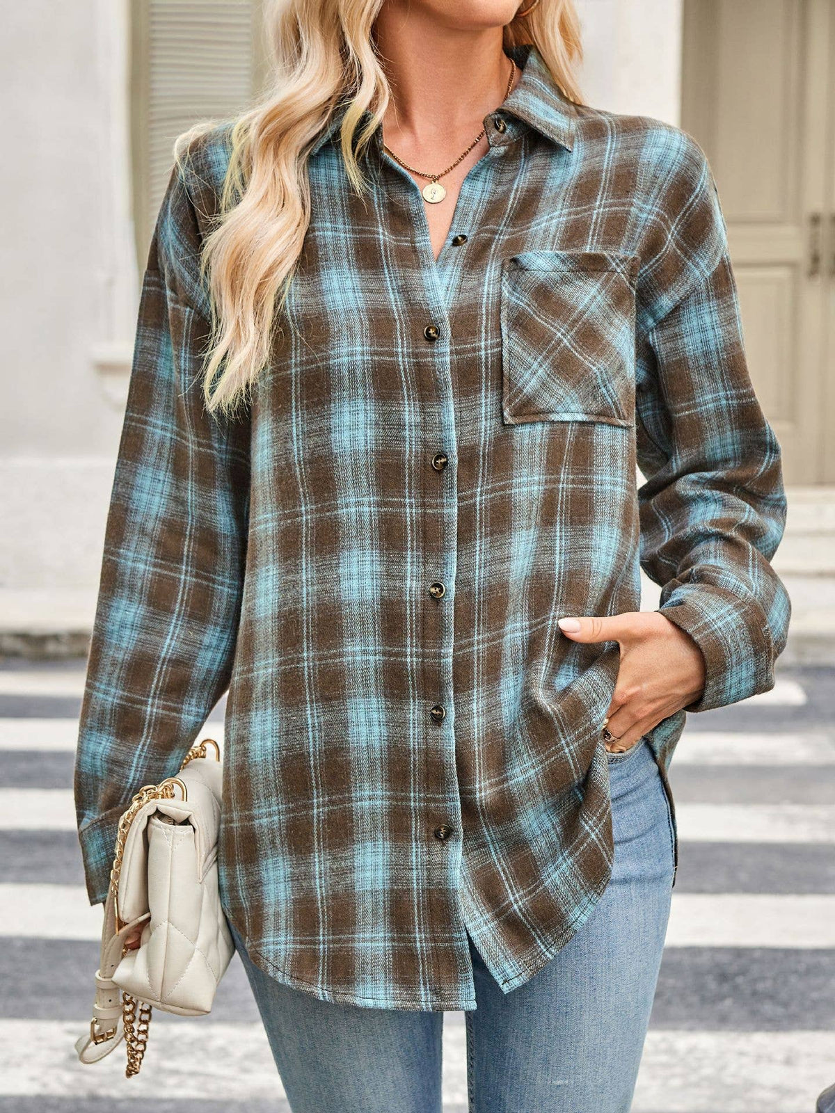 Plaid Button Down Long Sleeve Shirt for Women