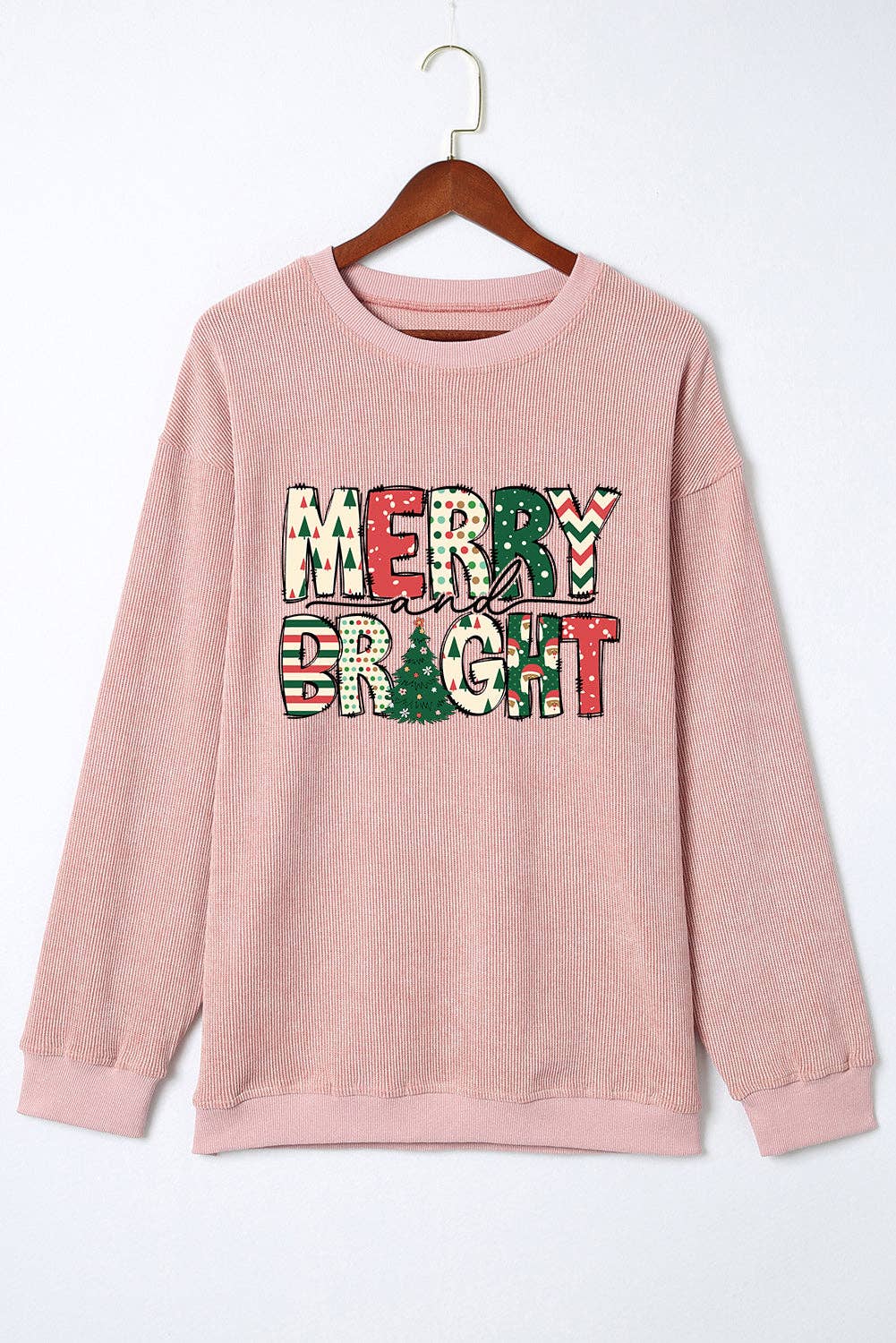Pink Merry and Bright Christmas Tree Ribbed Sweatshirt