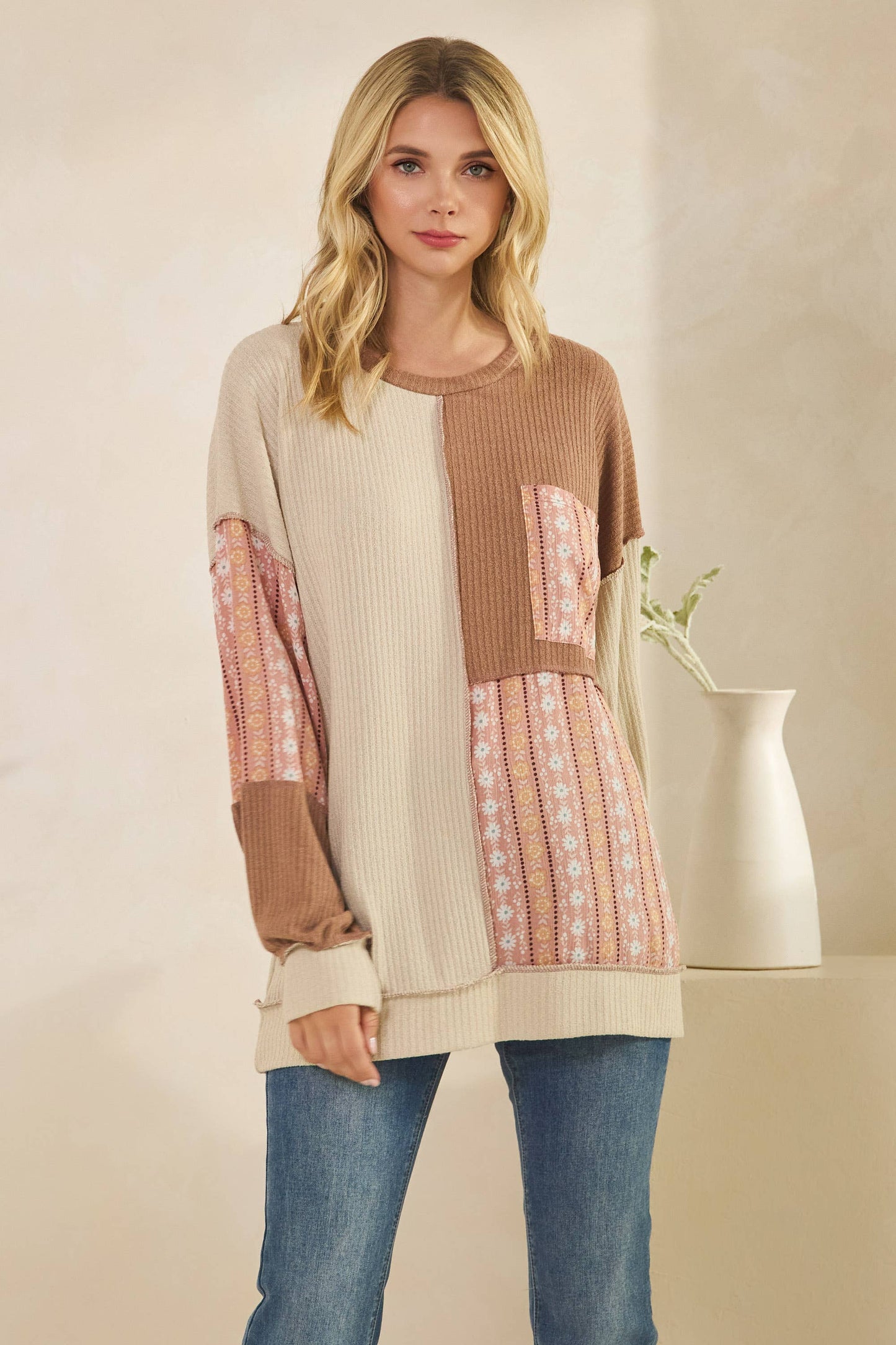 Color Block Floral Patchwork Pullover Top