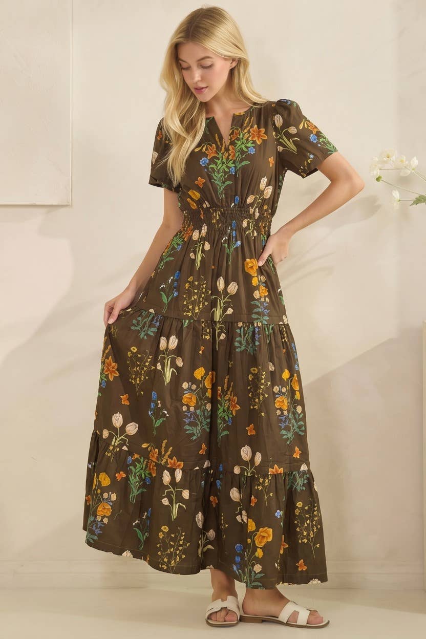 Floral Print Short Sleeve Tiered Maxi Dress