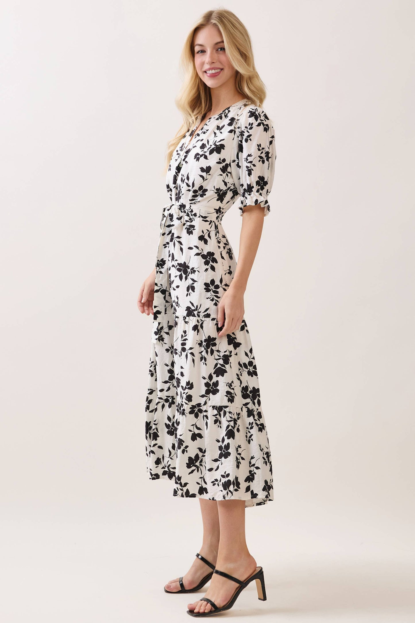 V NECK WAIST TIE TIERED MIDI DRESS -