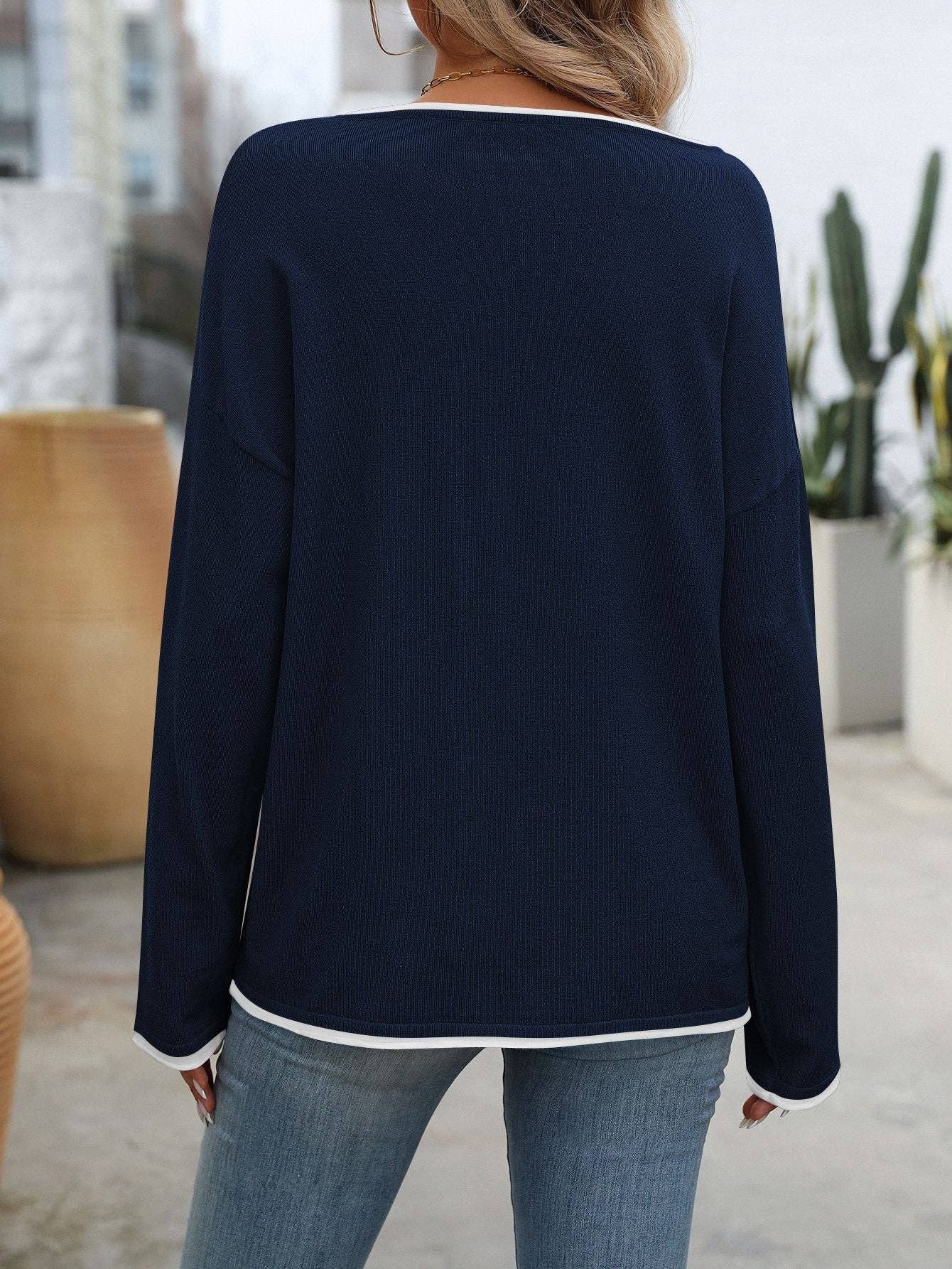 Crew Neck Jumping Color Core-spun Yarn Long-sleeved Sweater