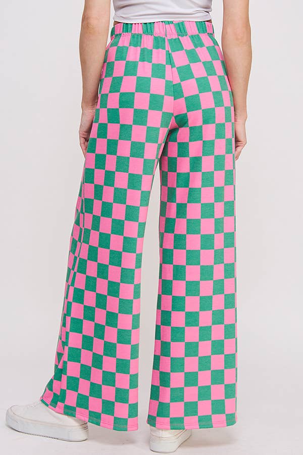 HIGH WAIST CHECKERED STRAIGHT LEG KNIT PANTS