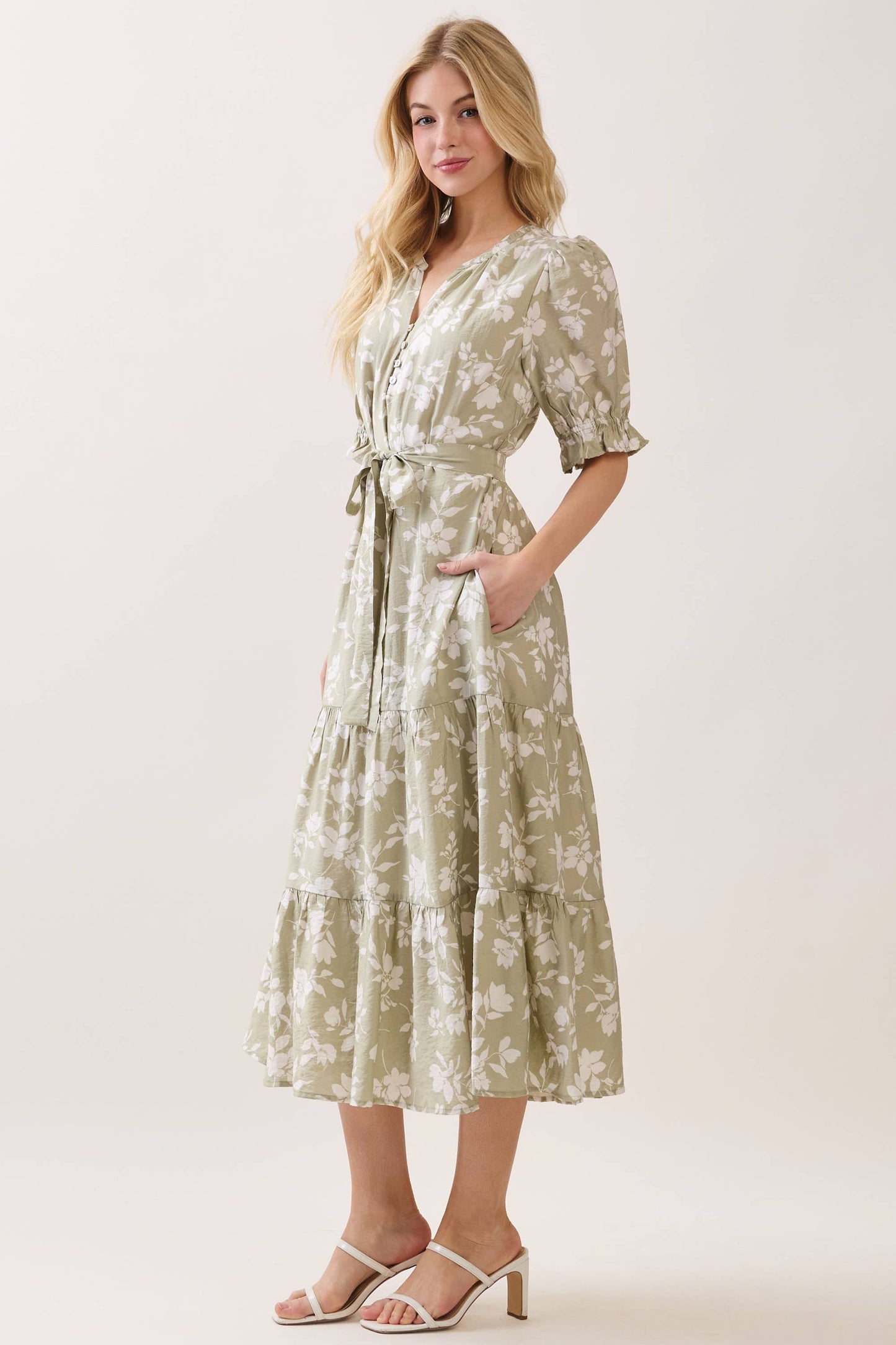 V NECK WAIST TIE TIERED MIDI DRESS -