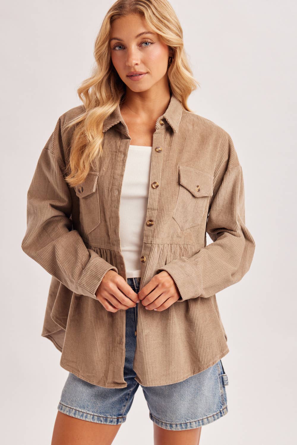 BUTTON DOWN CORDUROY PEPLUM SHACKET