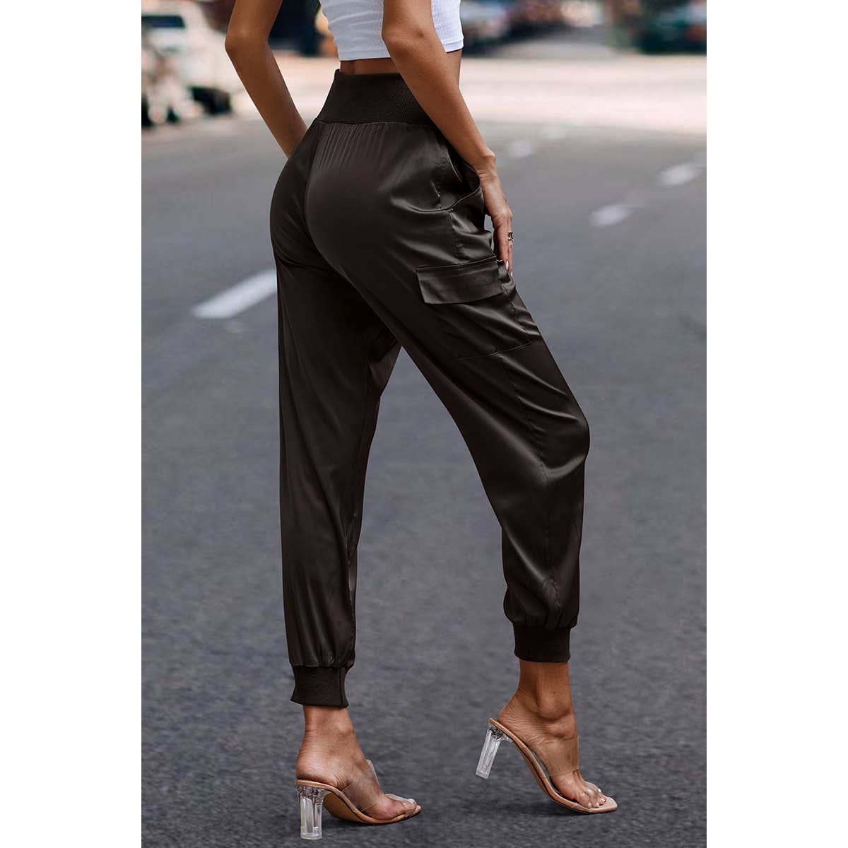 Elastic High Waist Sweatpants Sporty Pocket Pants