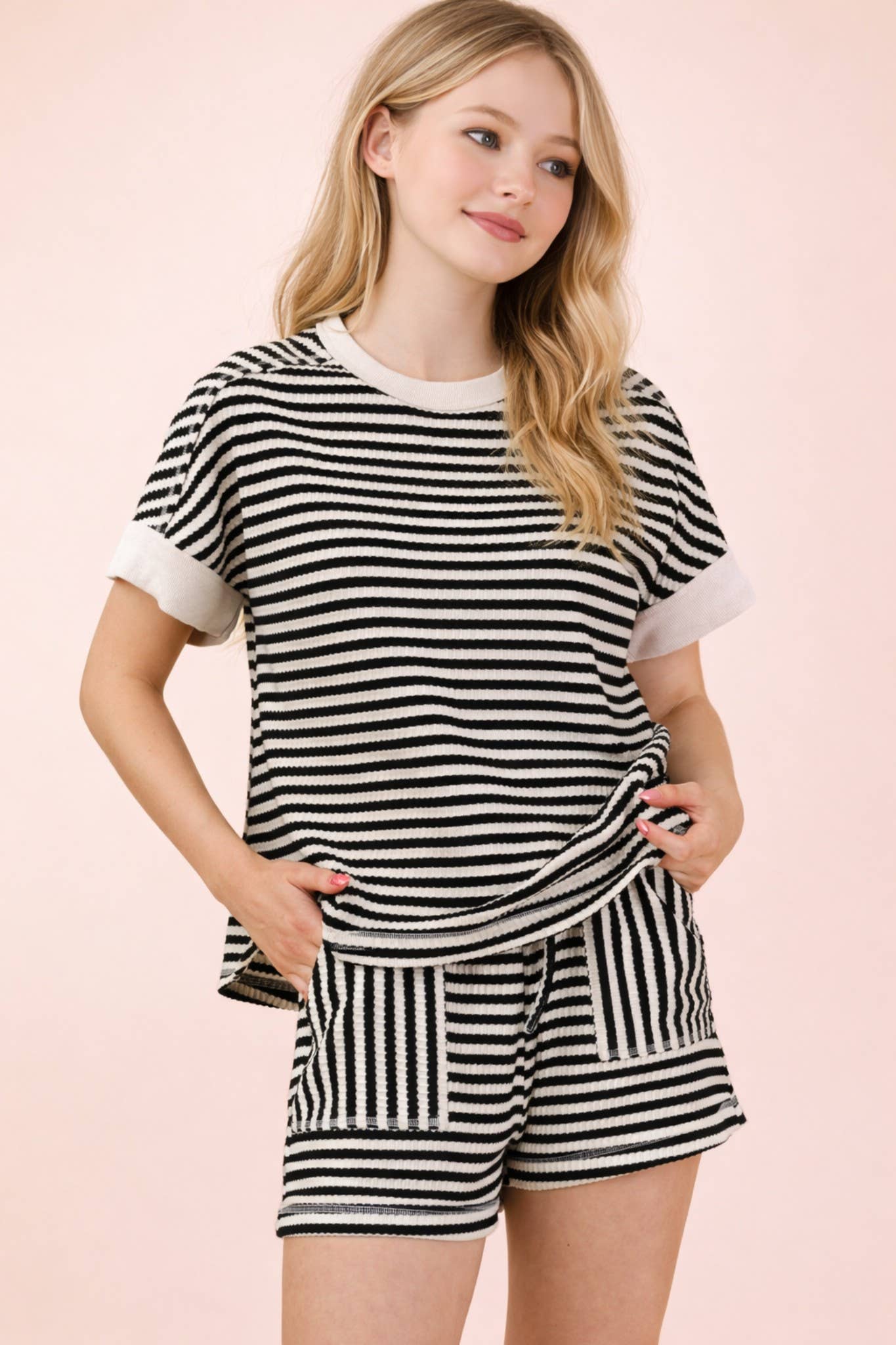 Striped Comfy Knit Top & Shorts Set