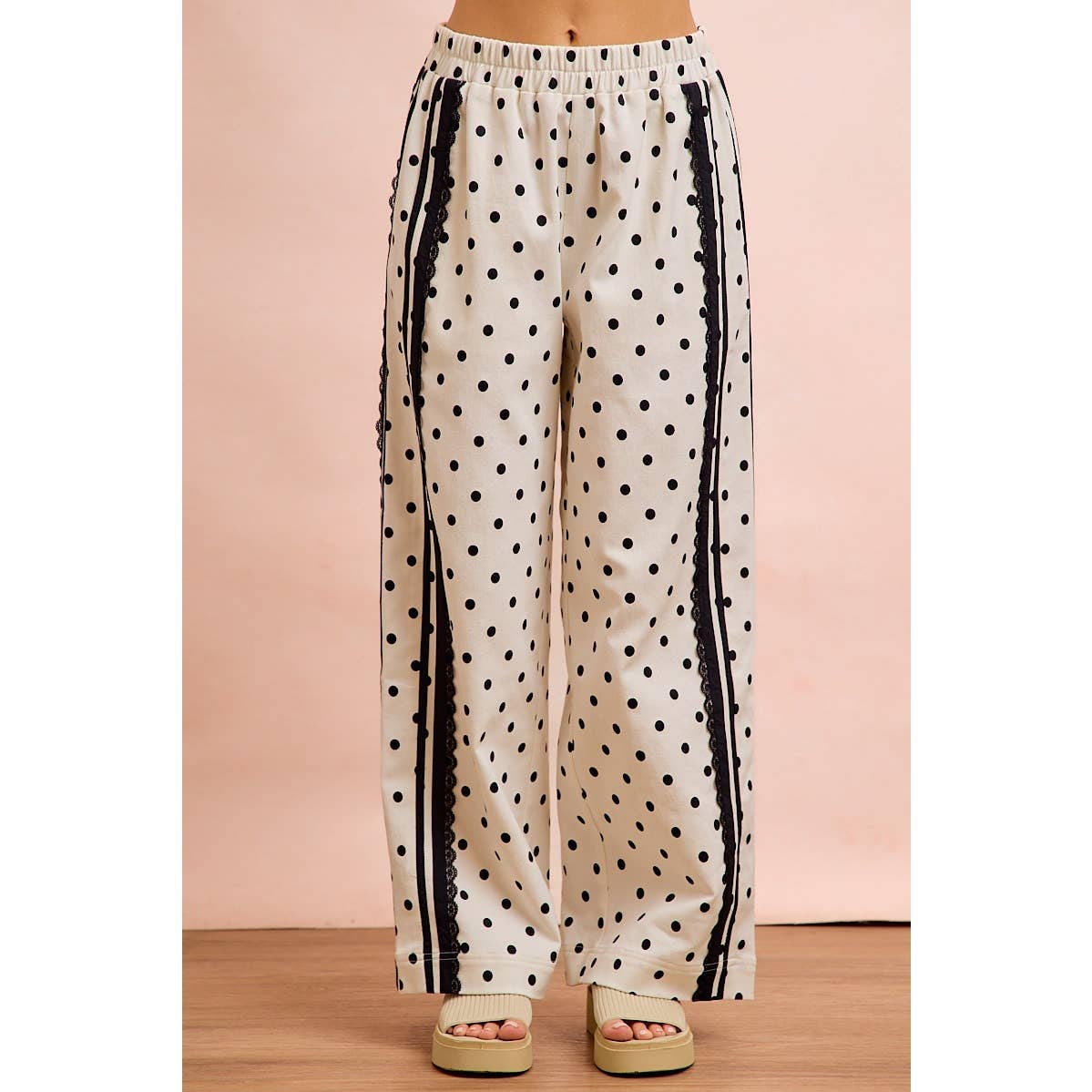 POLKA DOT PRINTED TWILL LACE TRIM DETAIL PANTS