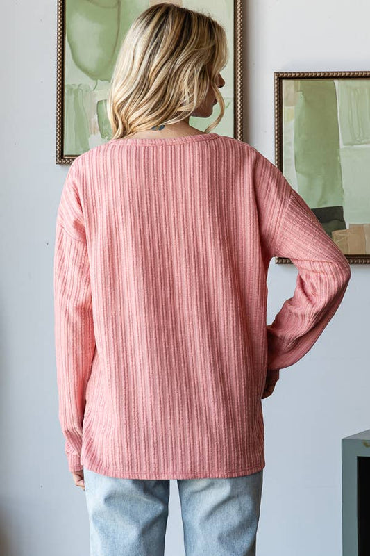 Textured V-Neck Women's Knit Top with Front Pocket