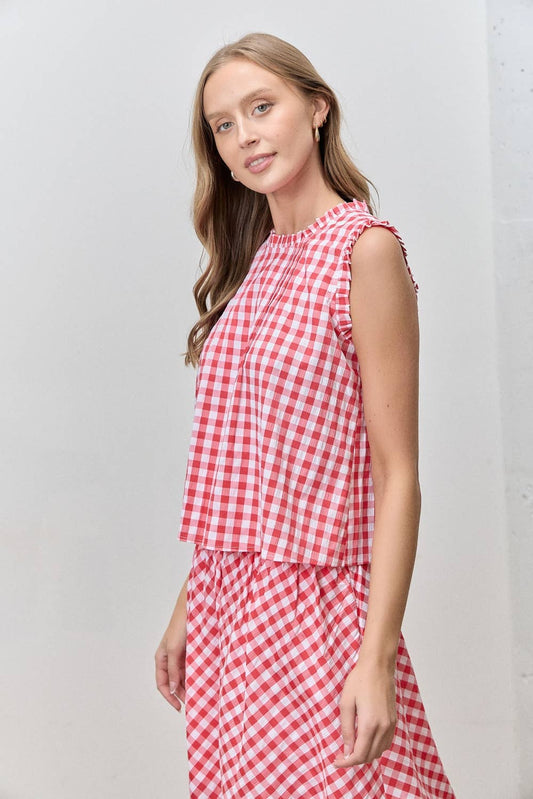 GINGHAM PRINT PINTUCK DETAIL TOP
