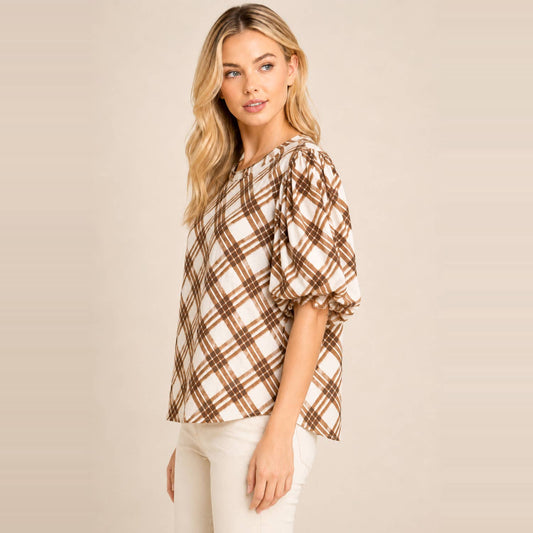 Light blue plaid puff sleeve top