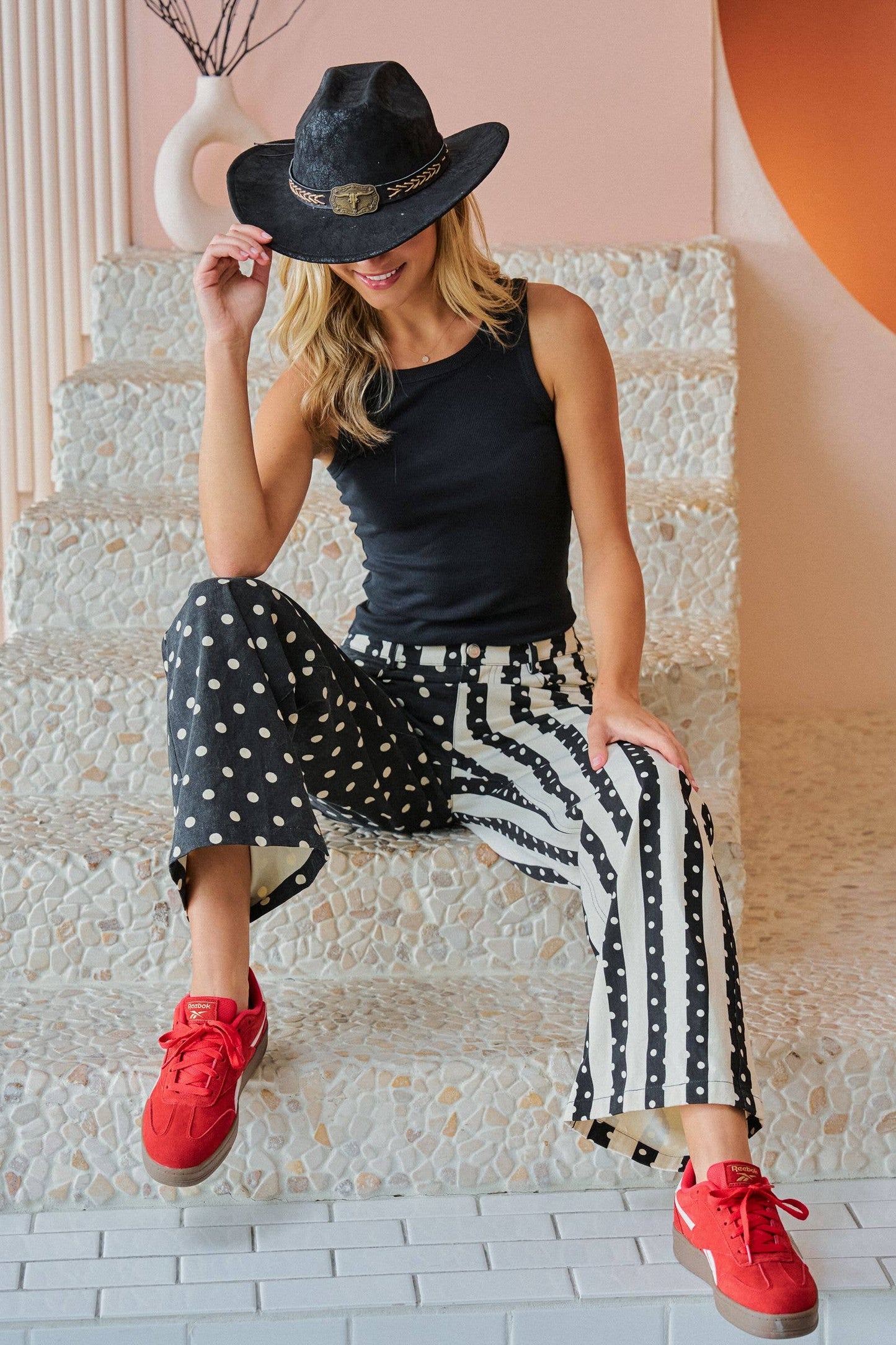 MIX DOT & STRIPE PANEL WIDE LEG PANTS