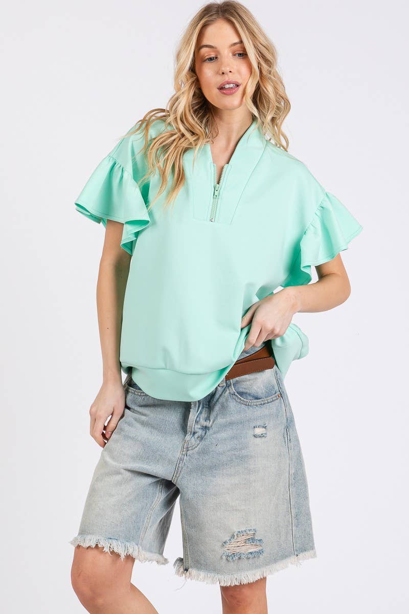 SCUBA HALF ZIP UP RUFFLE SLEEVE TOP