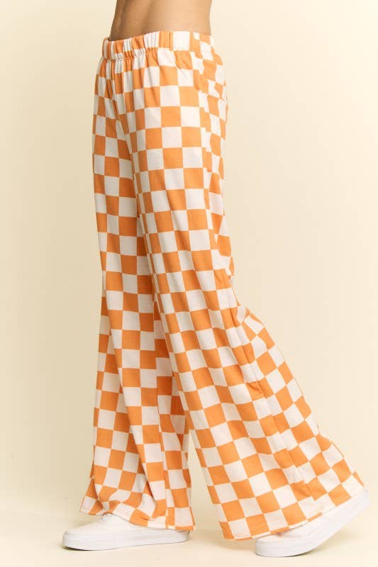 HIGH WAIST CHECKERED STRAIGHT LEG KNIT PANTS