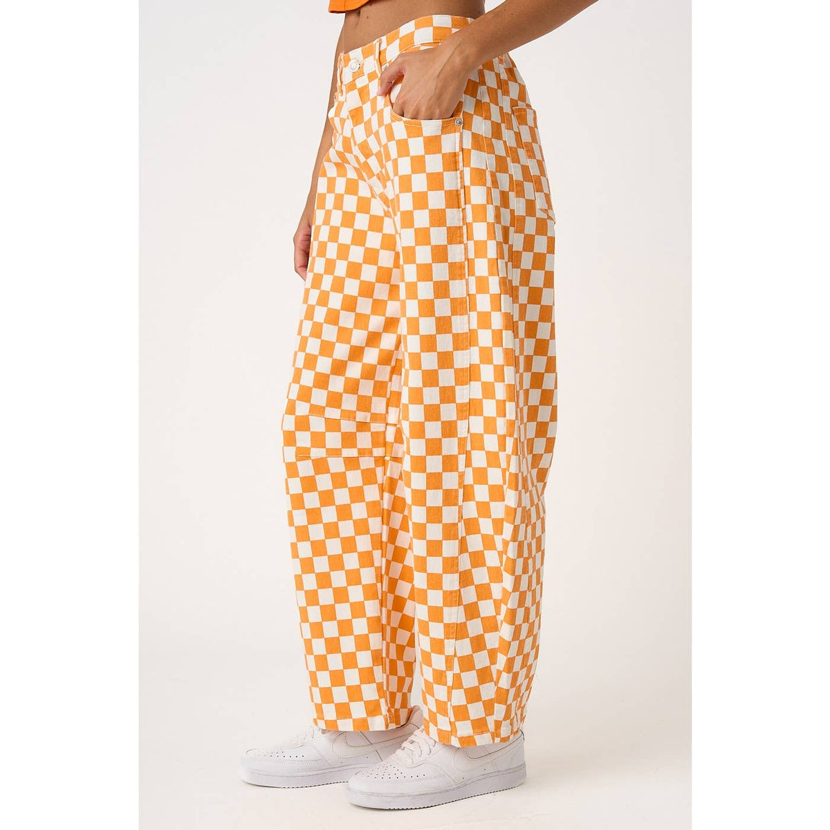 GAME DAY CHECKERED ELASTIC WAIST BARREL PANTS