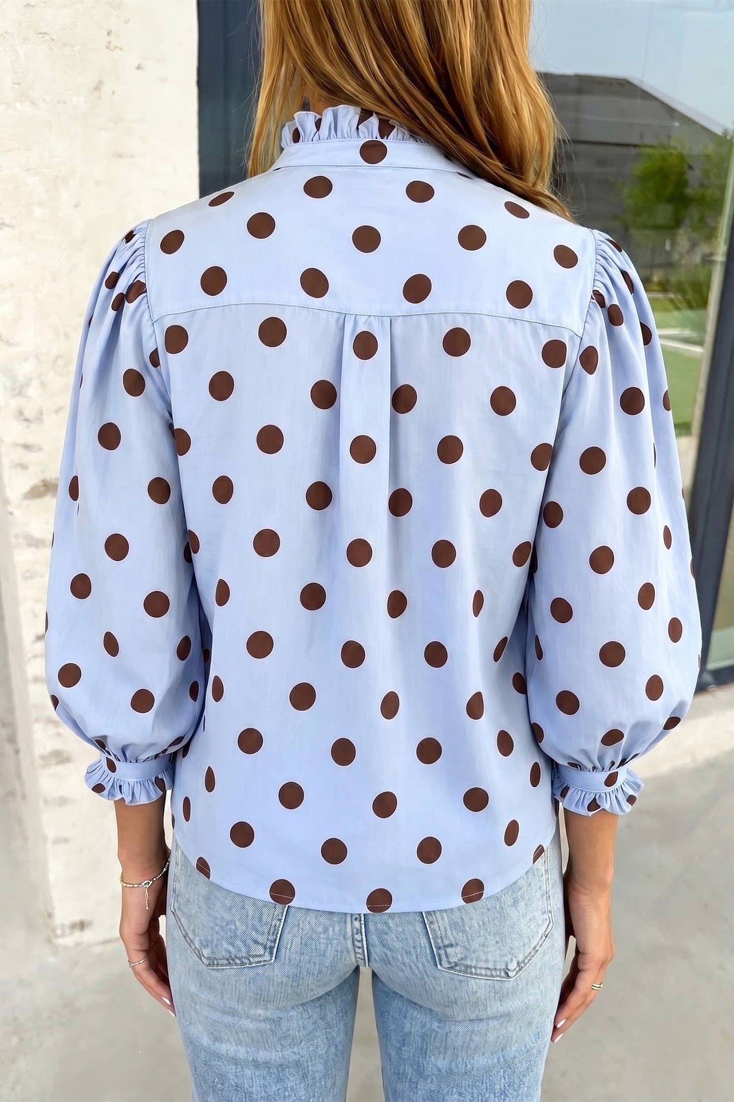 Striped Print Polka Dot Ruffle Stand Neck Shirts