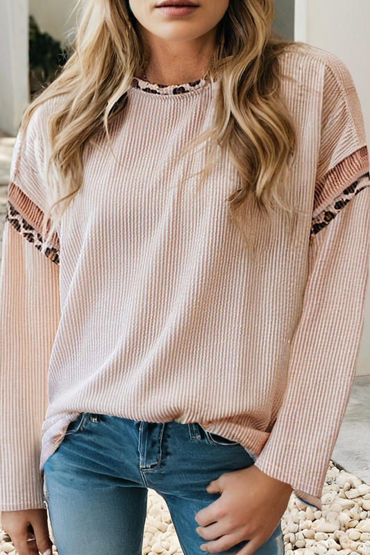 Leopard Color Block Detail Drop Shoulder Long Sleeve Top