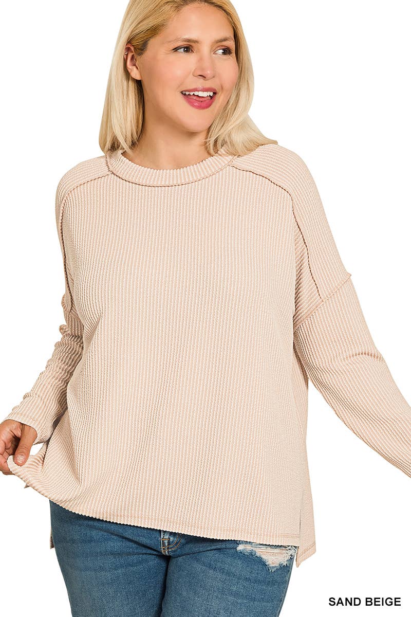 Plus Raised Rib Raw Edge Boat Neck Long Sleeve Top