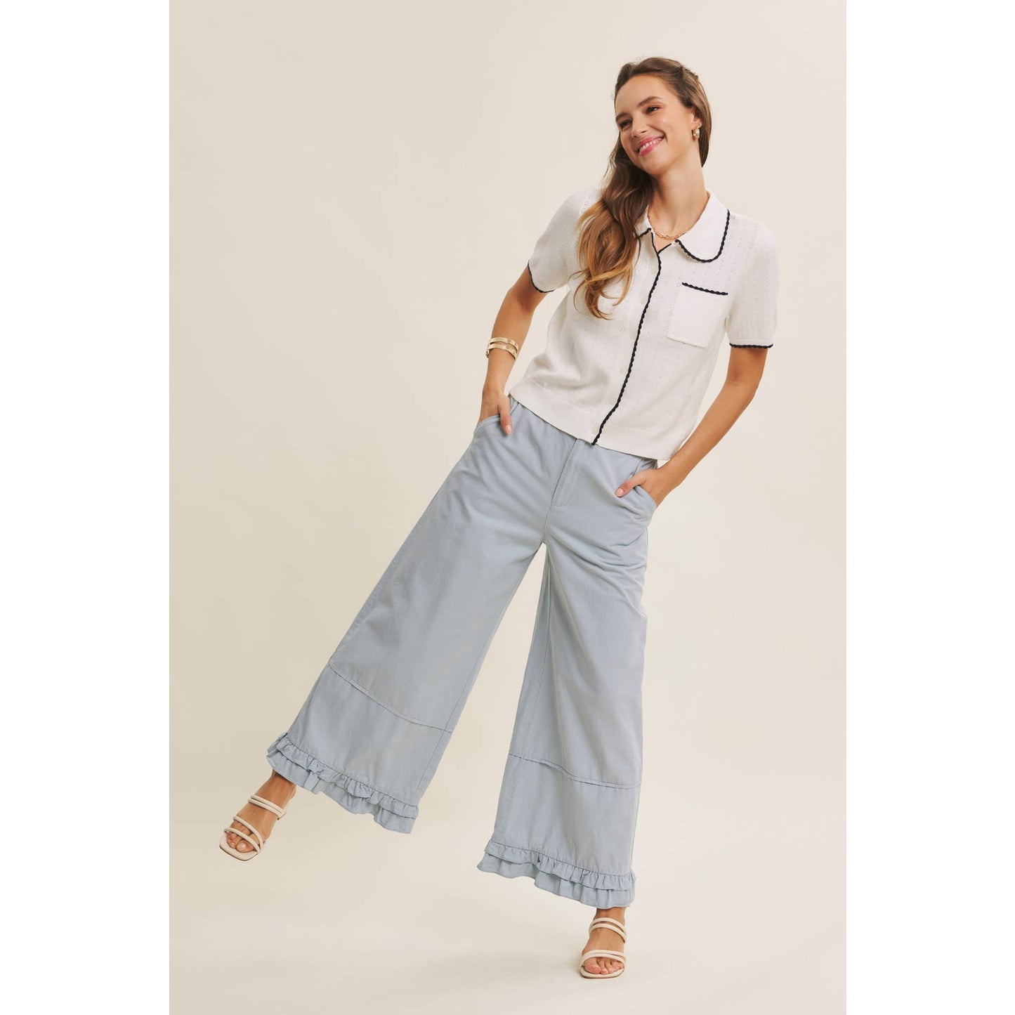 DREAMY STATEMENT COTTON WASHED WIDE-LEG PANTS WITH RUFFLES