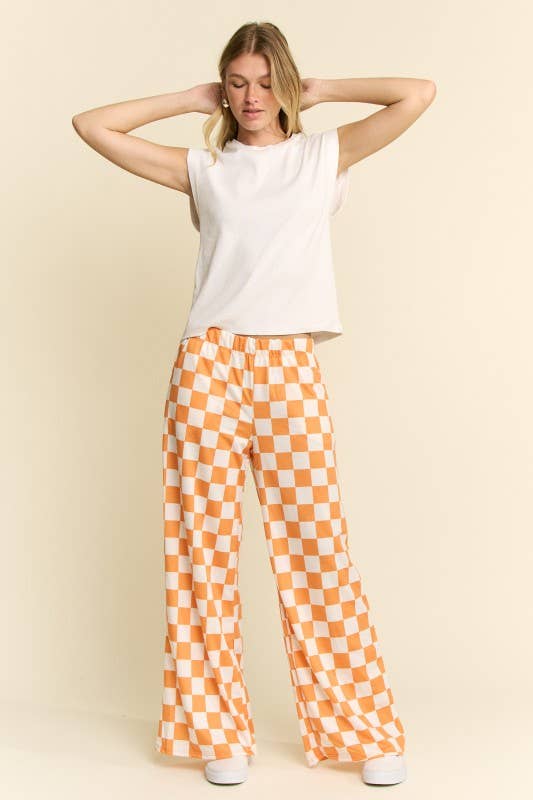 HIGH WAIST CHECKERED STRAIGHT LEG KNIT PANTS