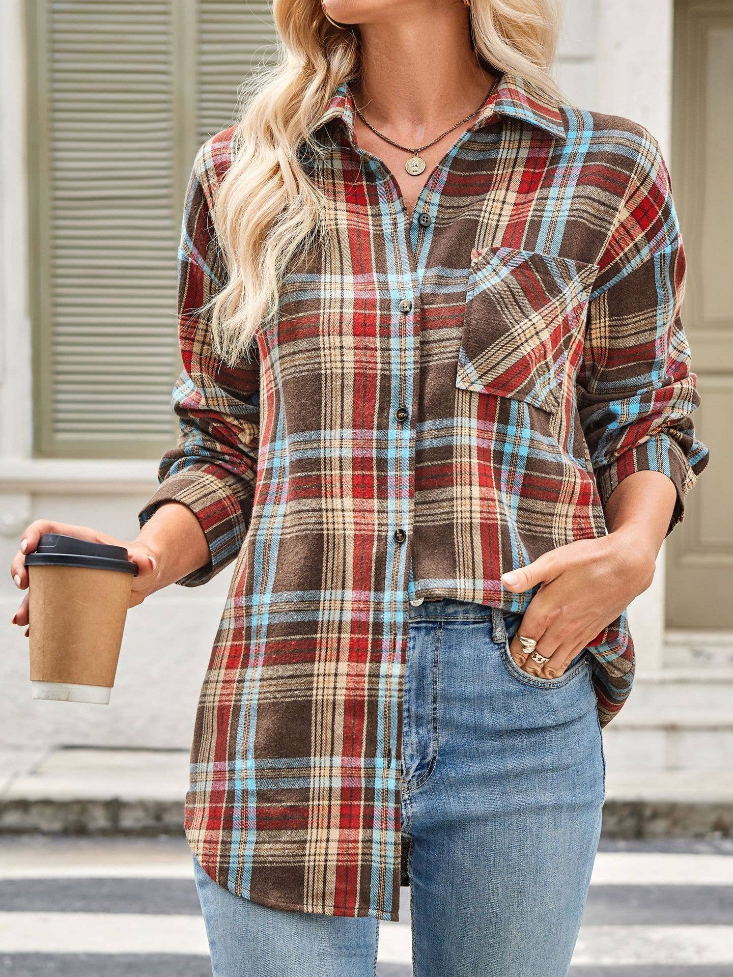 Plaid Button Down Long Sleeve Shirt for Women