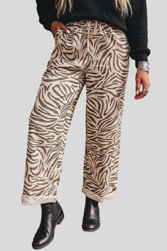 Zebra Pattern Elastic Waist Pocket Full-Length Pants