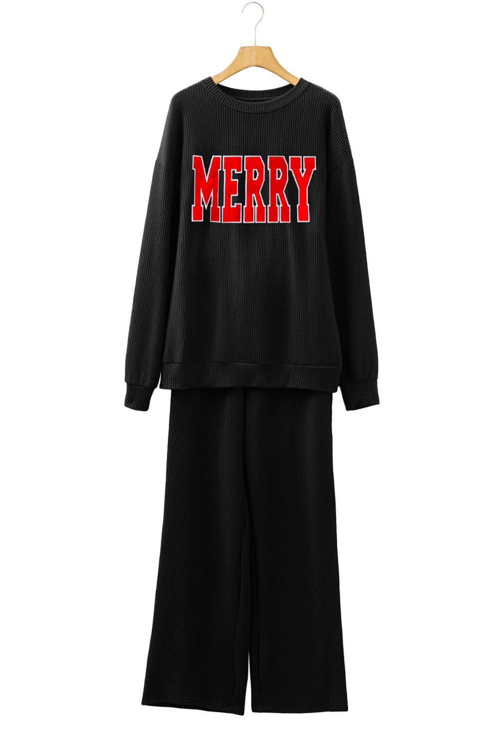 JOLLY/MERRY Ribbed Knit Long Sleeve Top and Pants Set (S-XL)