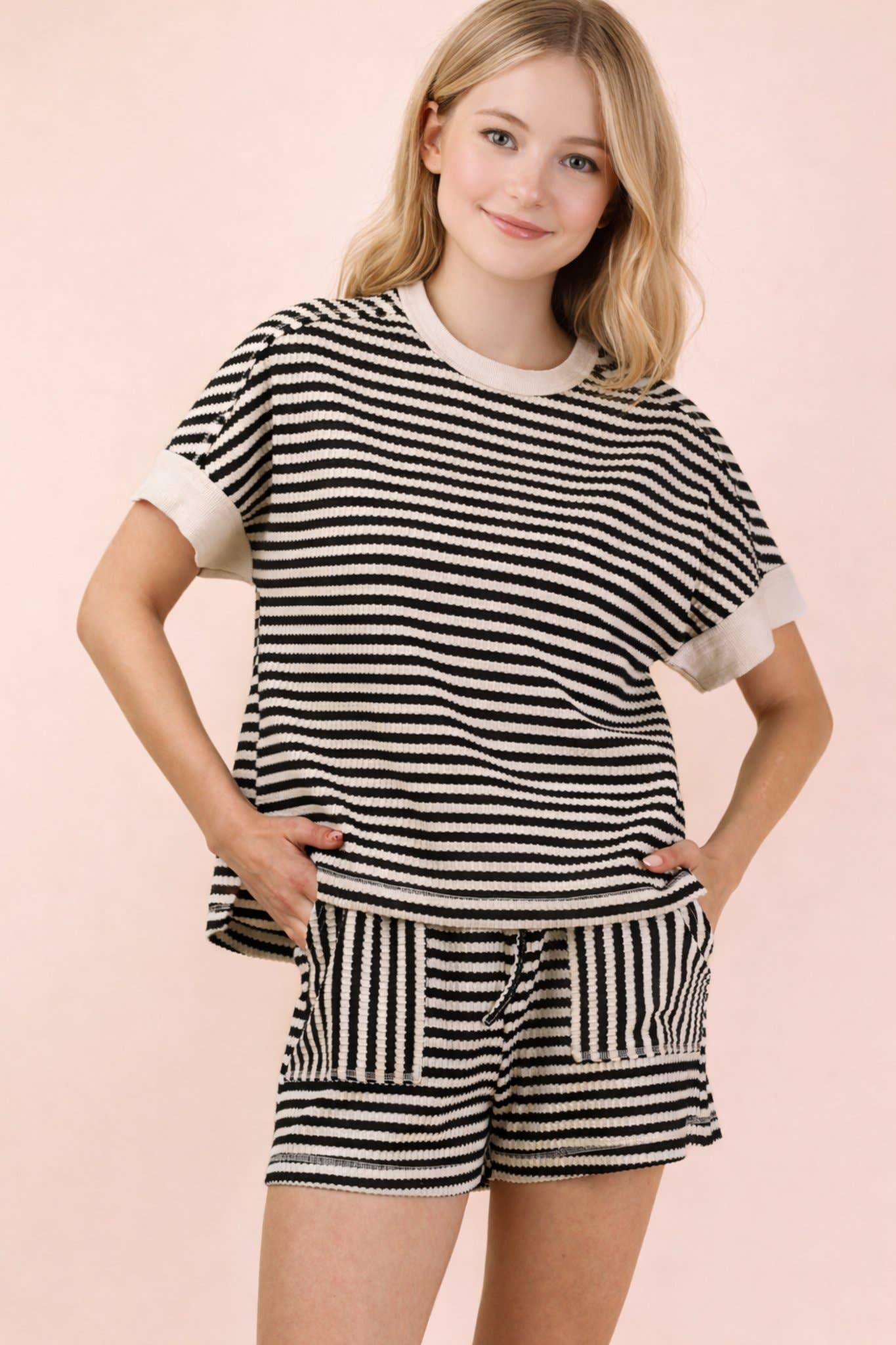 Striped Comfy Knit Top & Shorts Set