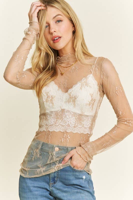 Floral Mesh Lace Mock Neck Long Sleeve Fitted sheer top