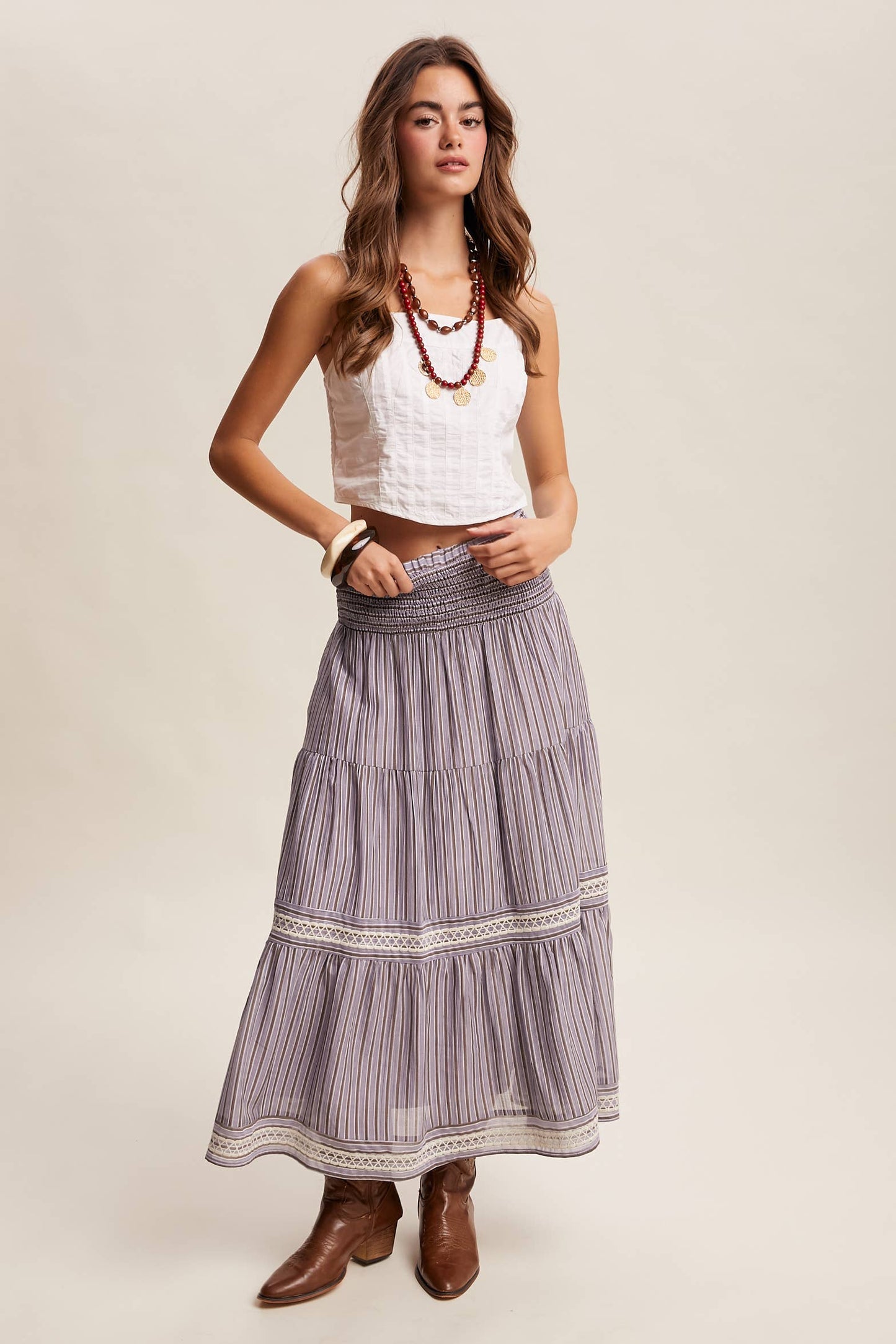 Striped Smocked Maxi Skirt with Embroidery Accents