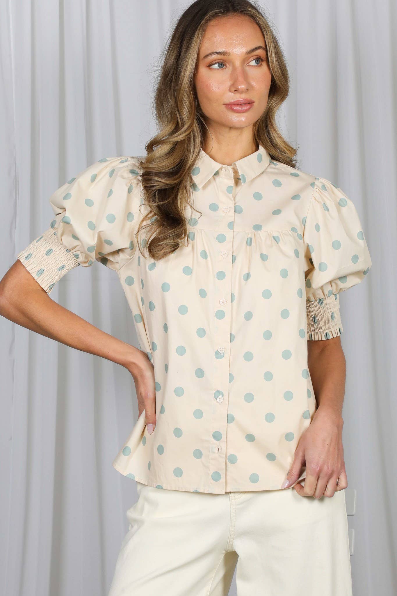 Delightful Polka Dot Collared Puff Sleeve Blouse