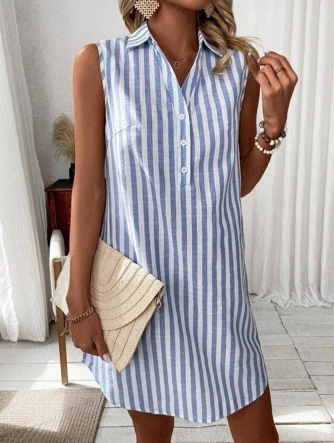 Sleeveless V Neck Button Down Striped Shirt Dress