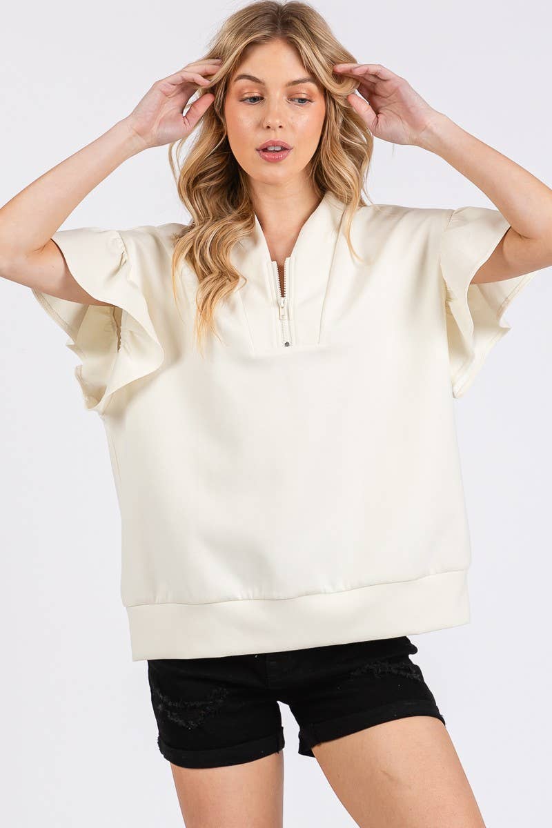 SCUBA HALF ZIP UP RUFFLE SLEEVE TOP