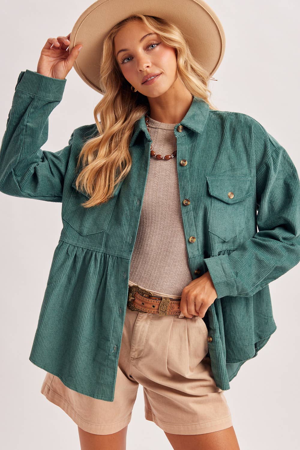 BUTTON DOWN CORDUROY PEPLUM SHACKET