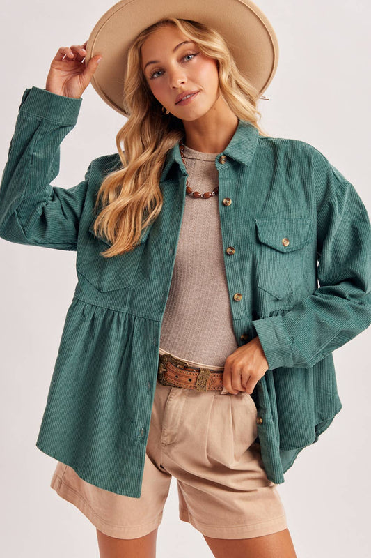 BUTTON DOWN CORDUROY PEPLUM SHACKET