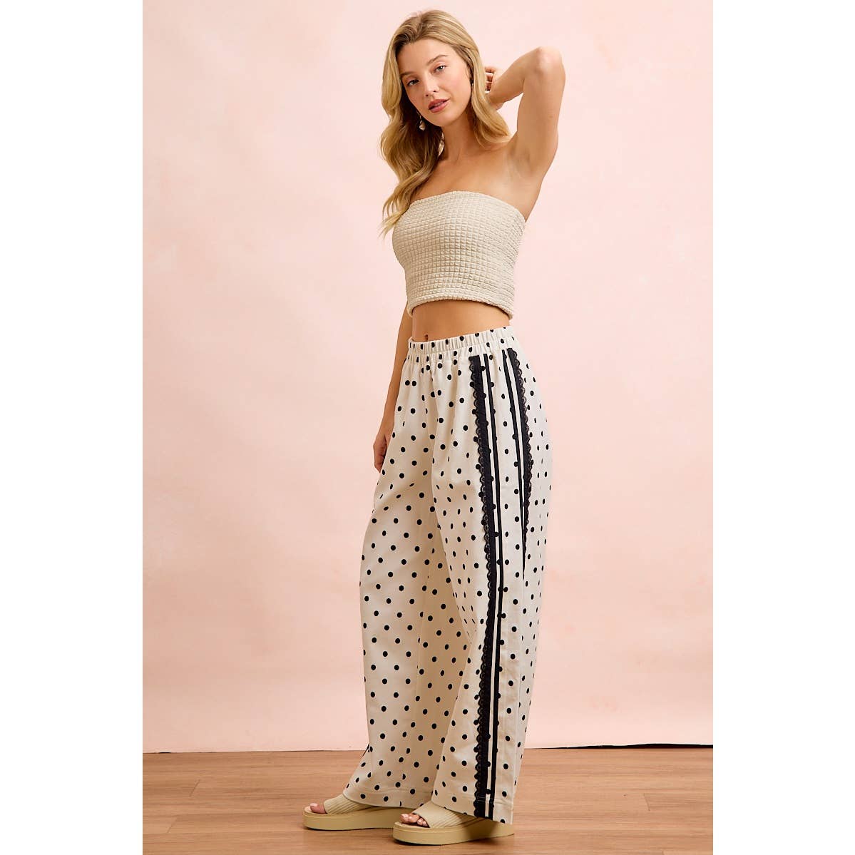 POLKA DOT PRINTED TWILL LACE TRIM DETAIL PANTS