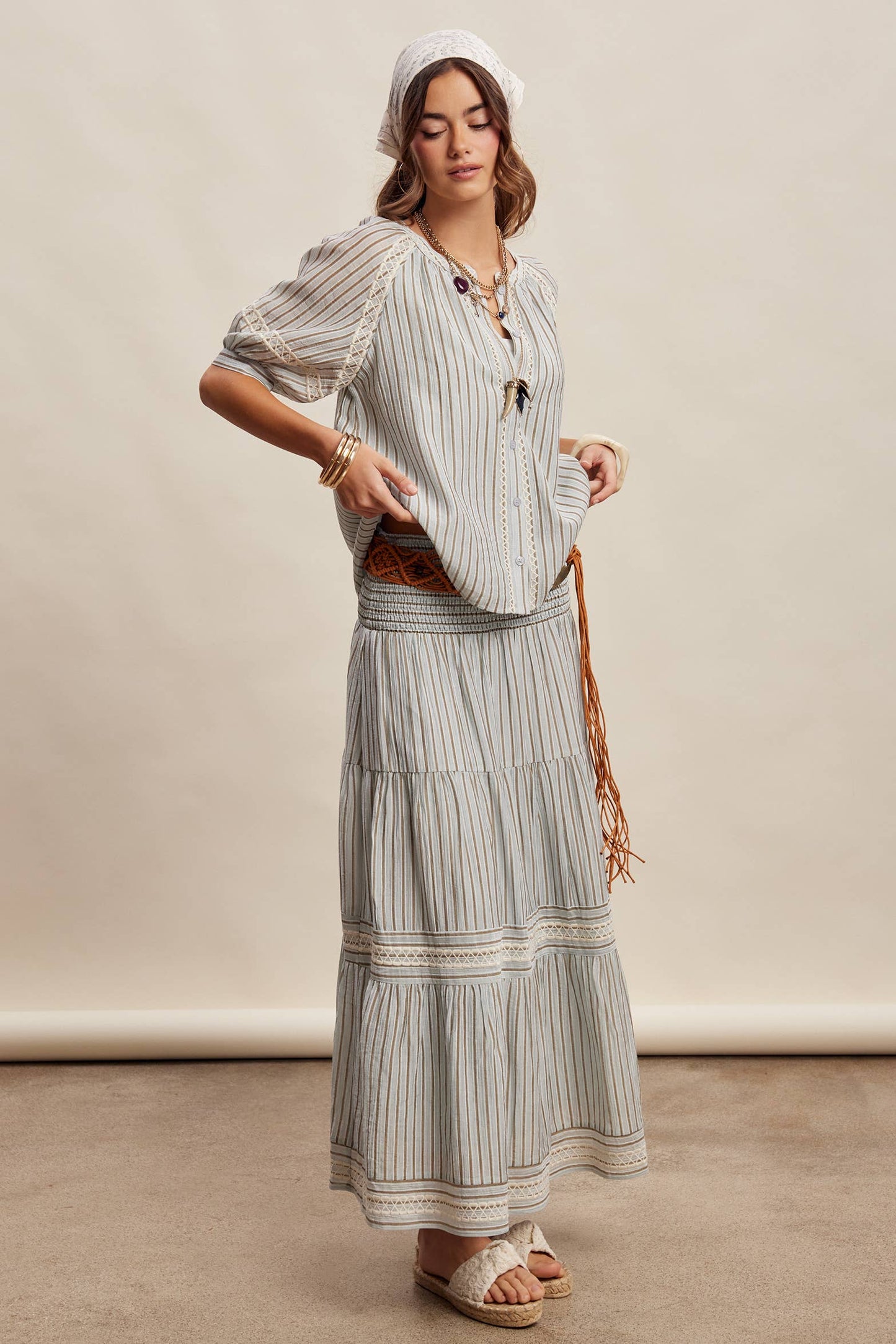 Striped Smocked Maxi Skirt with Embroidery Accents