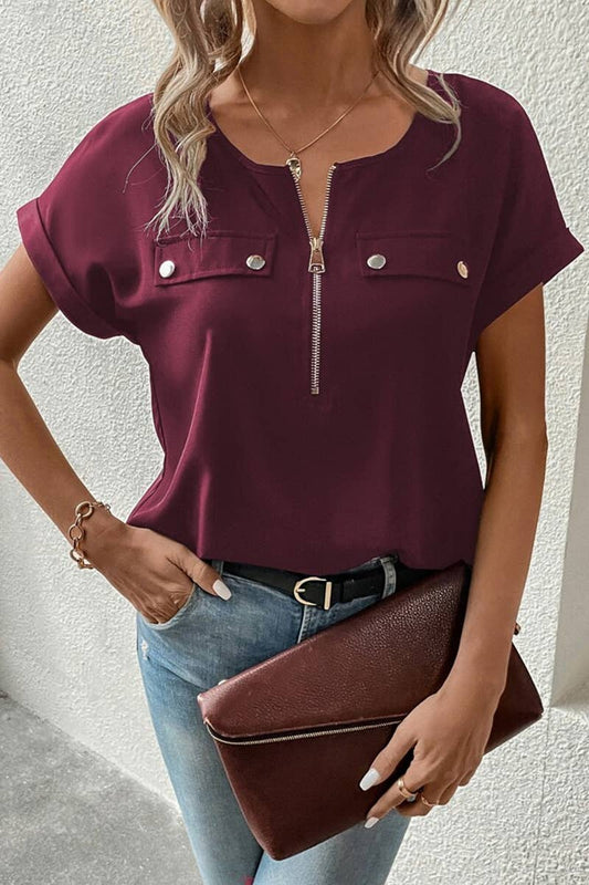 HALF ZIP UP ROLLED SLEEVE WOMEN T SHIRT