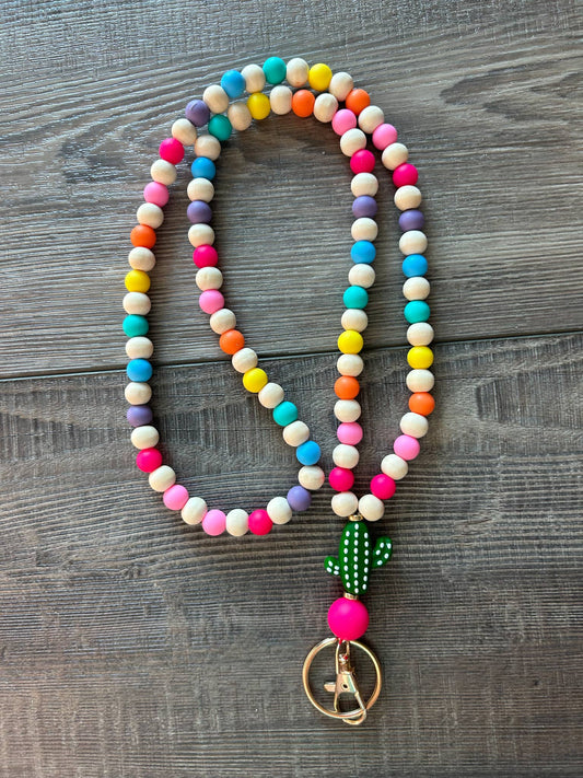 Colorful Beaded Teacher Lanyard with Cactus