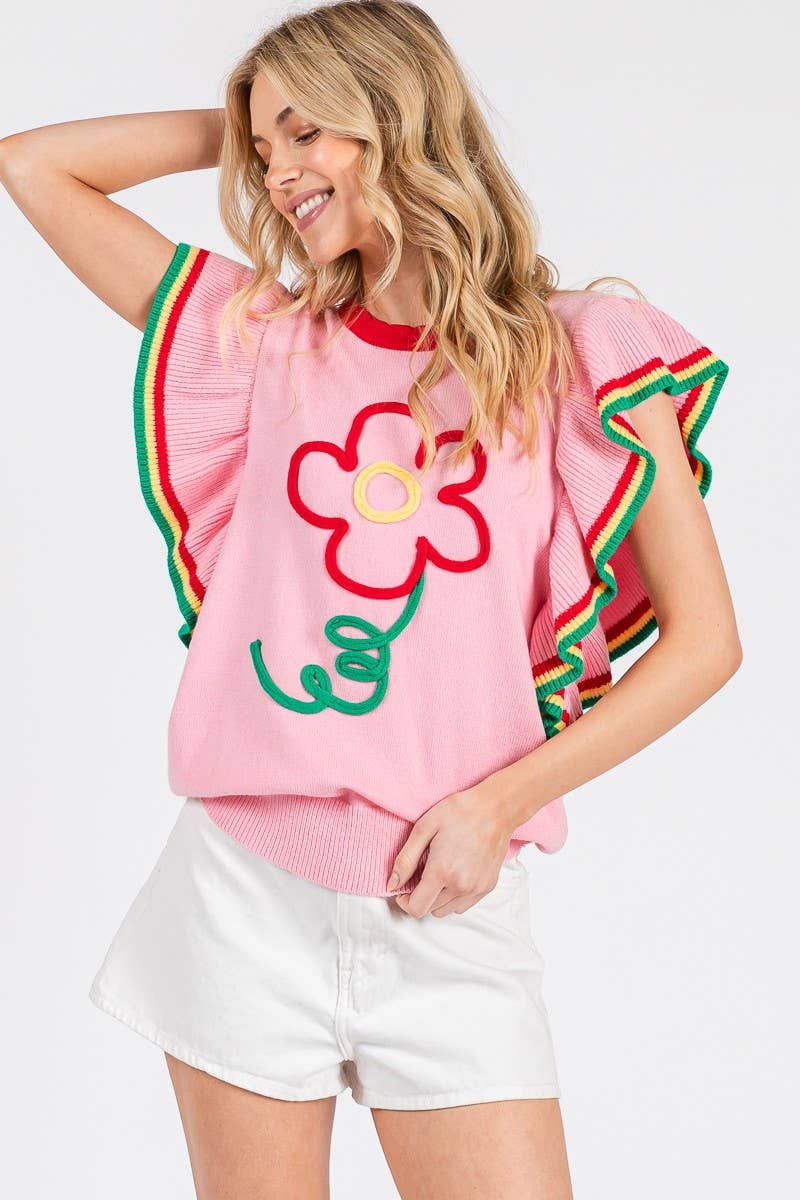 PINK FLORAL RUFFLE KNIT SWEATER TOP