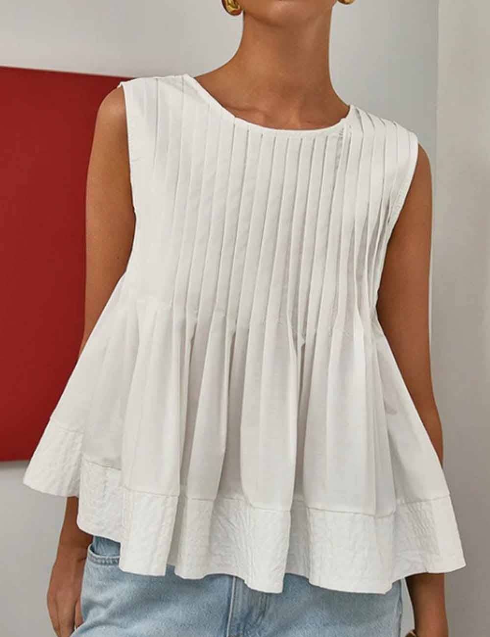 Ladies Solid Color Pleated Sleeveless Tank Top