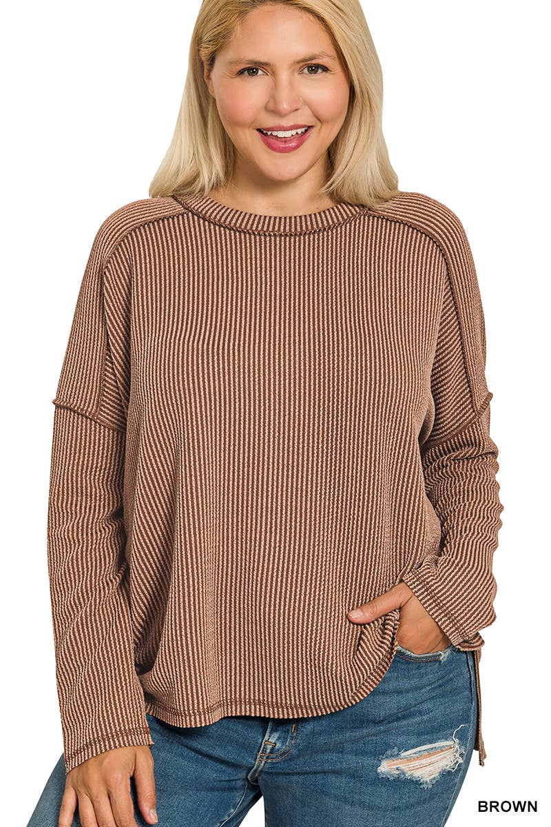 Plus Raised Rib Raw Edge Boat Neck Long Sleeve Top
