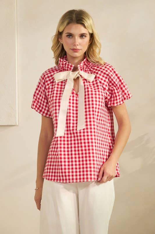 Gingham Check Puff Sleeve Top