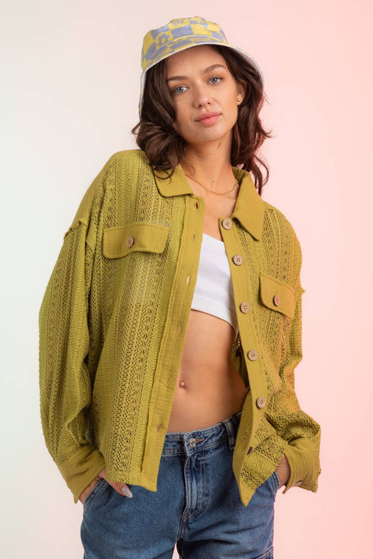Lace Crochet Button Down Sheer Shacket