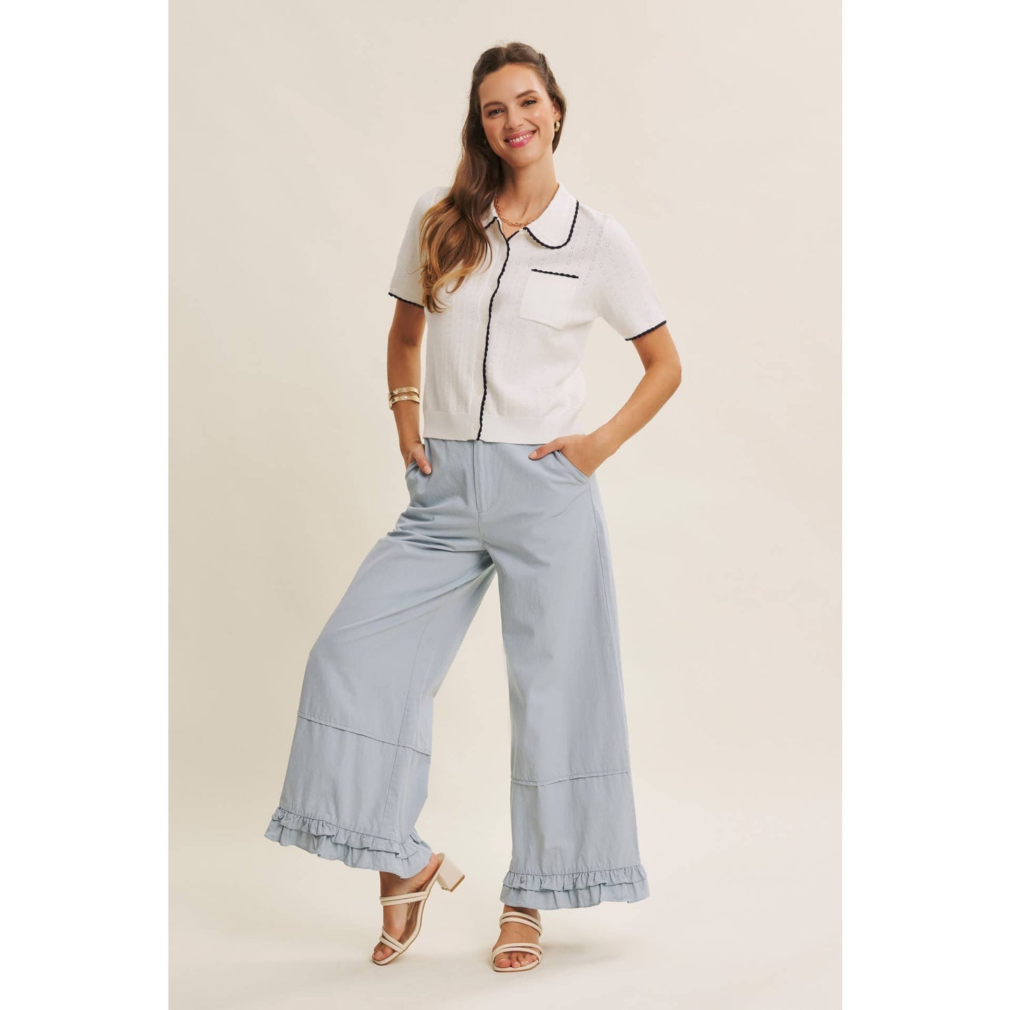 DREAMY STATEMENT COTTON WASHED WIDE-LEG PANTS WITH RUFFLES