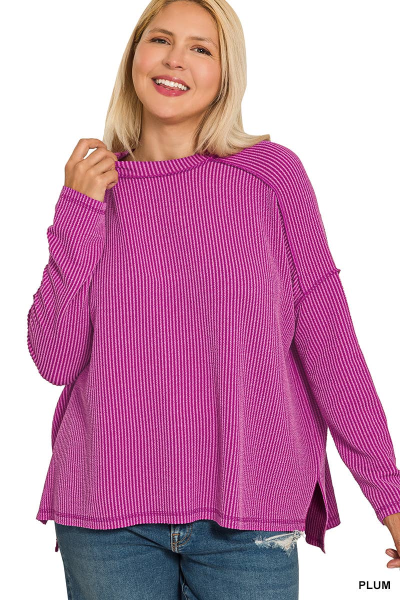 Plus Raised Rib Raw Edge Boat Neck Long Sleeve Top