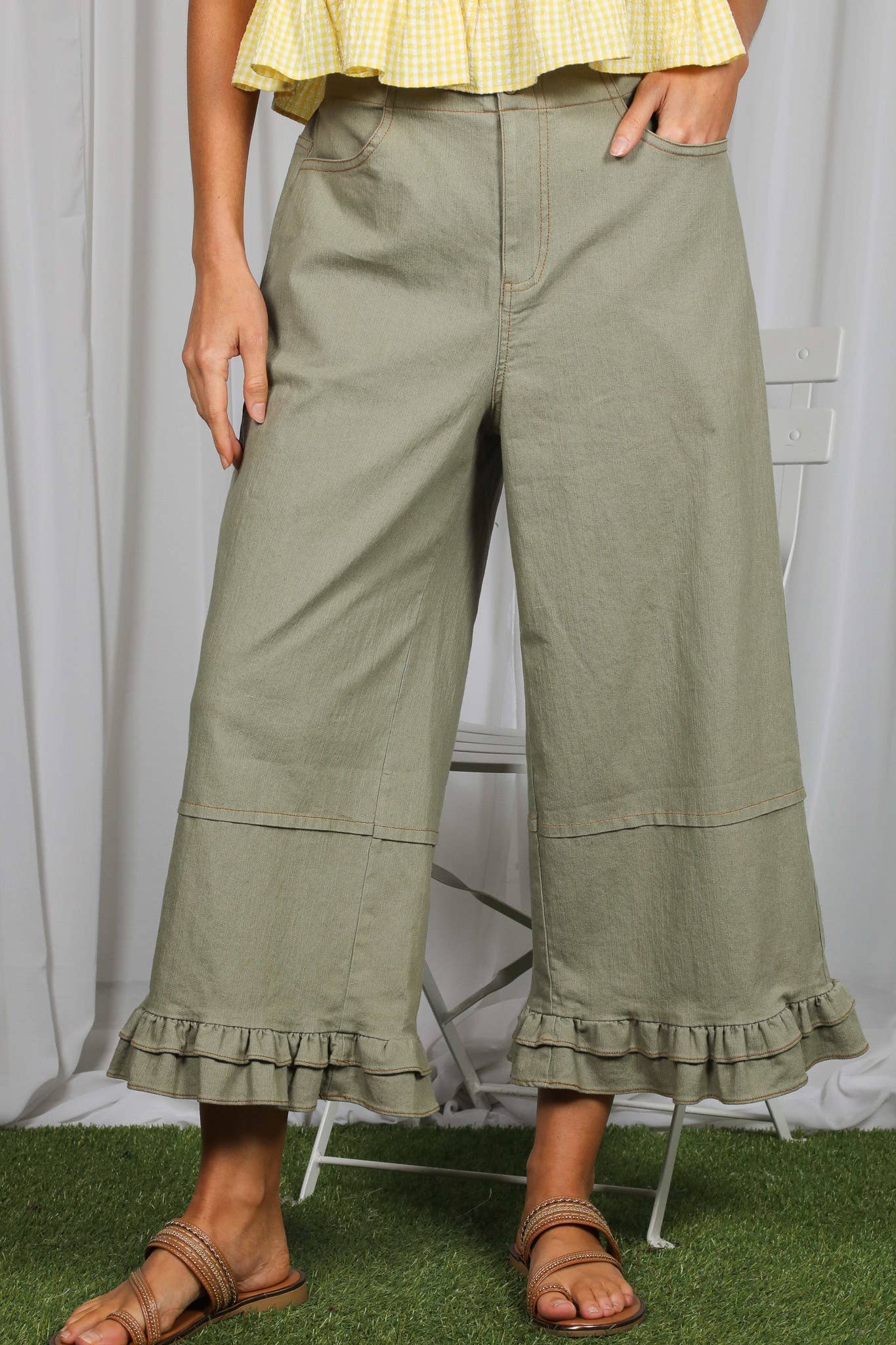 Casual Ruffle Hem Stone Wash Cropped Denim Pants