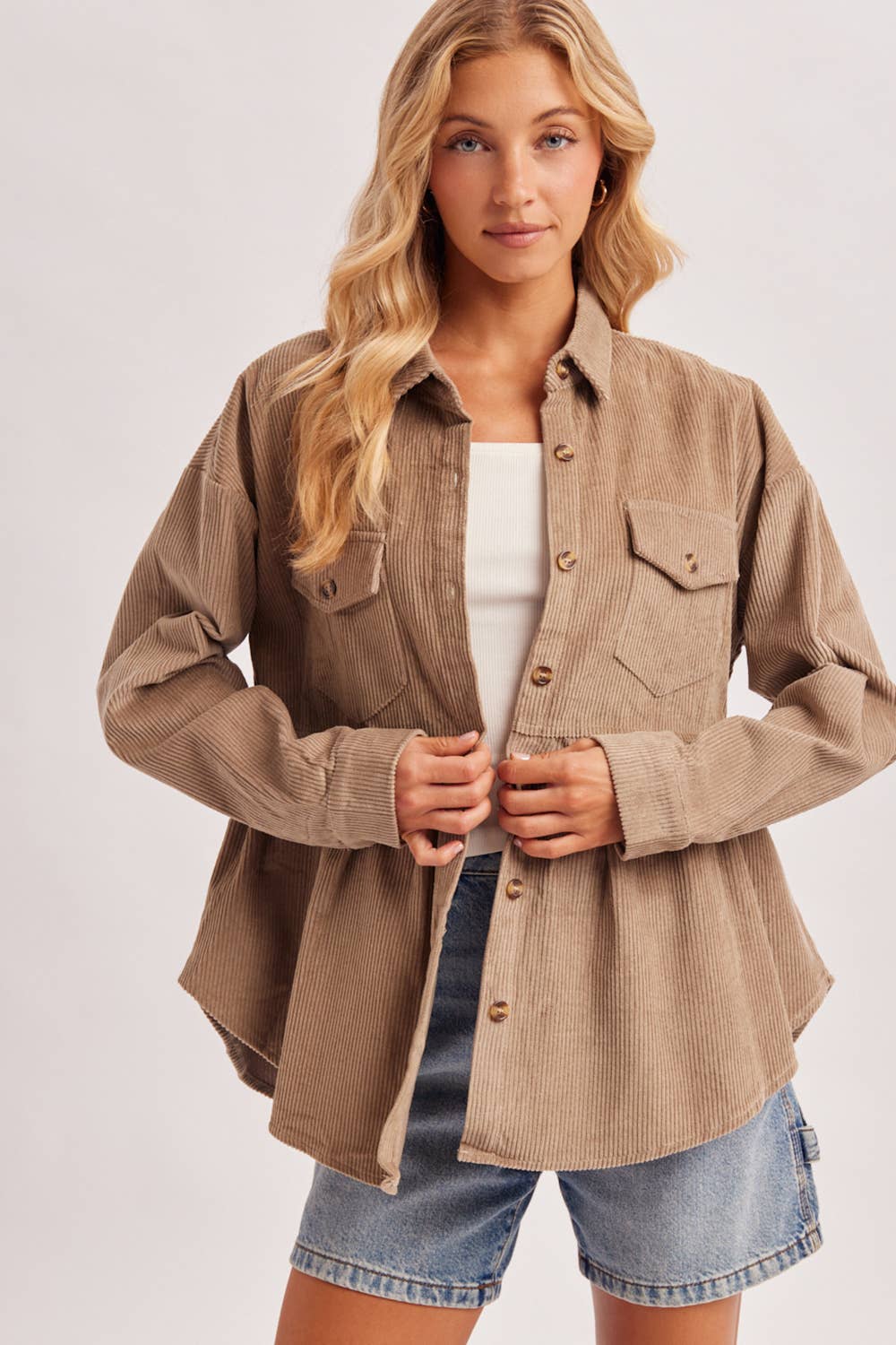 BUTTON DOWN CORDUROY PEPLUM SHACKET
